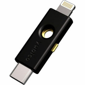 A Yubico YubiKey 5Ci security key with a black body and gold accents. It has a USB-C connector on one end and a keychain loop on the other.